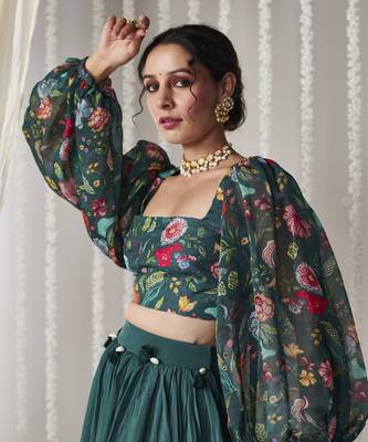Bagicha Botanical Green Solid Lehenga Set Of 3 3