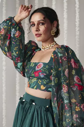 Bagicha Botanical Green Solid Lehenga Set Of 3