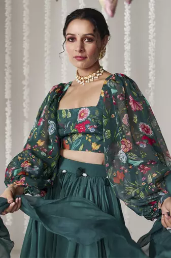 Bagicha Botanical Green Solid Lehenga Set Of 3