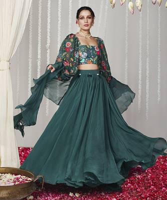 Bagicha Botanical Green Solid Lehenga Set Of 3 5