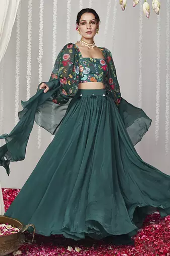Bagicha Botanical Green Solid Lehenga Set Of 3