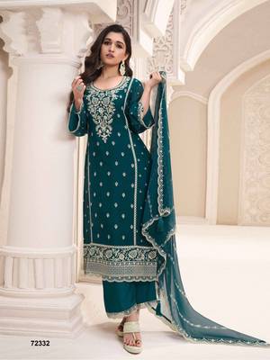 Teal heavy embroidery dola silk semi stitched suits 1