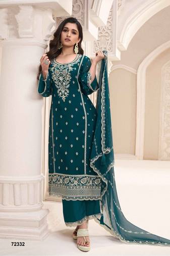 Teal heavy embroidery dola silk semi stitched suits