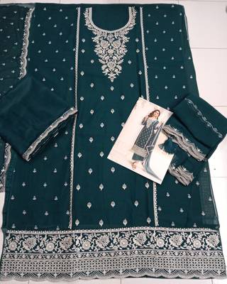 Teal heavy embroidery dola silk semi stitched suits 2