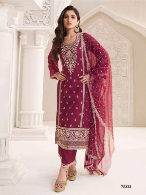 Maroon heavy embroidery dola silk semi stitched suits 1