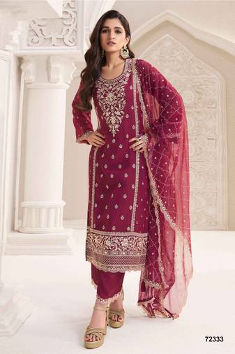 Maroon heavy embroidery dola silk semi stitched suits