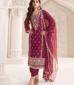 Maroon heavy embroidery dola silk semi stitched suits