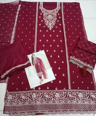 Maroon heavy embroidery dola silk semi stitched suits 2
