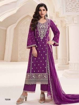 Purple heavy embroidery dola silk semi stitched suits 1