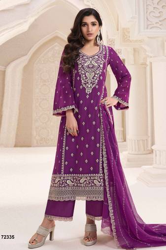 Purple heavy embroidery dola silk semi stitched suits