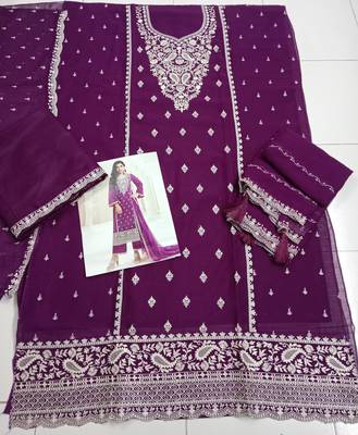 Purple heavy embroidery dola silk semi stitched suits 2