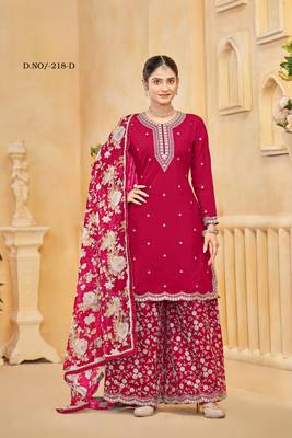 Red roman silk embroidered semi-stitched salwar suit 1