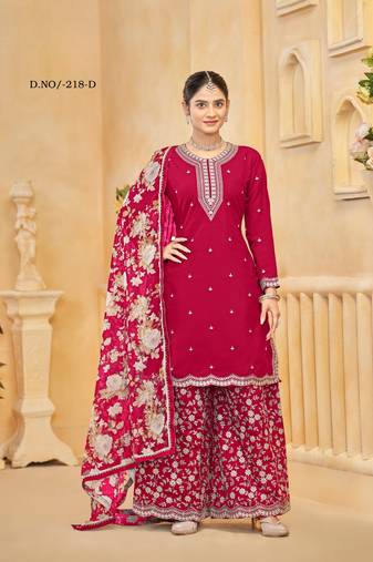 Red roman silk embroidered semi-stitched salwar suit