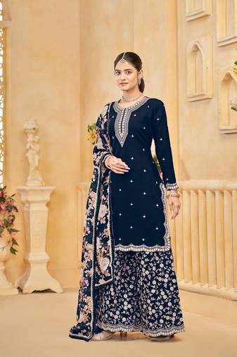 Navy blue roman silk embroidered semi-stitched salwar suit