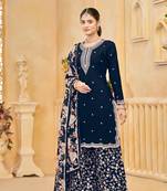 Navy blue roman silk embroidered semi-stitched salwar suit