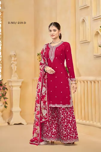 Red roman silk embroidered semi-stitched salwar suit
