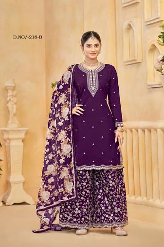 Purple roman silk embroidered semi-stitched salwar suit