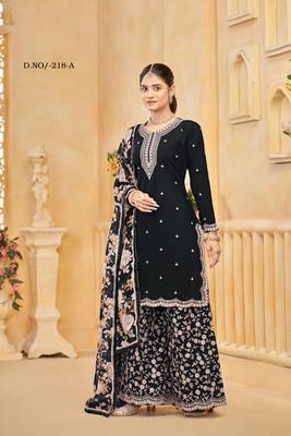 Black roman silk embroidered semi-stitched salwar suit 1