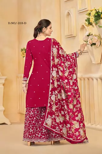 Red roman silk embroidered semi-stitched salwar suit