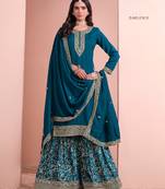 Teal art silk embroidered semi-stitched salwar suit