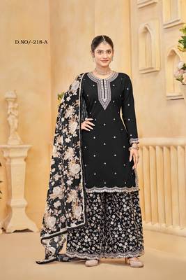 Black roman silk embroidered semi-stitched salwar suit 2