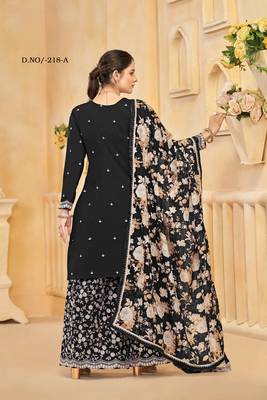 Black roman silk embroidered semi-stitched salwar suit 3