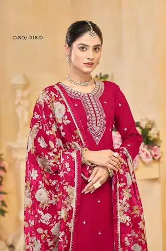 Red roman silk embroidered semi-stitched salwar suit