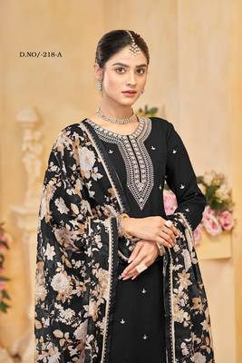 Black roman silk embroidered semi-stitched salwar suit 4