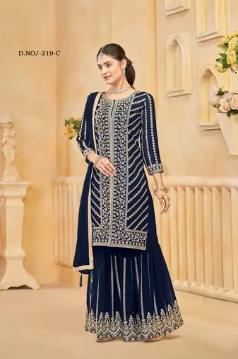 Navy blue faux georgette embroidered stitched salwar suit (free size)