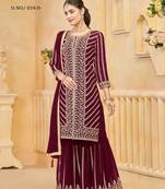 Maroon faux georgette embroidered stitched salwar suit (free size)