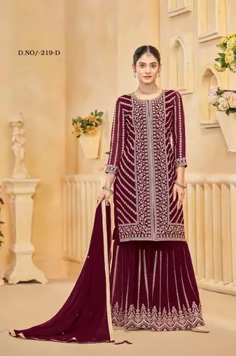 Maroon faux georgette embroidered stitched salwar suit (free size)