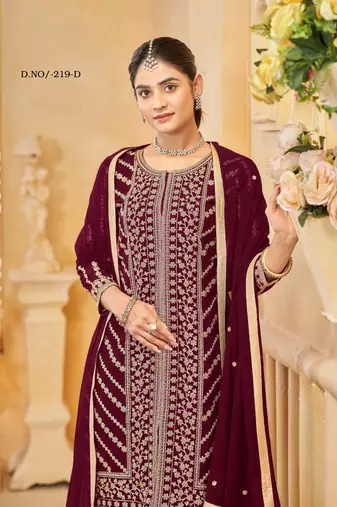 Maroon faux georgette embroidered stitched salwar suit (free size)