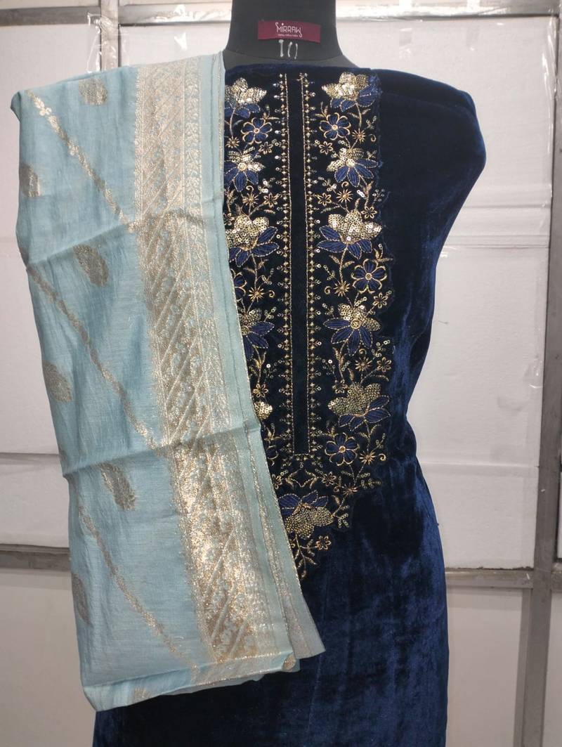 Blue embroidered velvet semi-stitched salwar suit