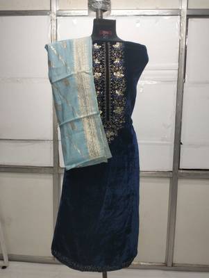 Blue embroidered velvet semi-stitched salwar suit 4