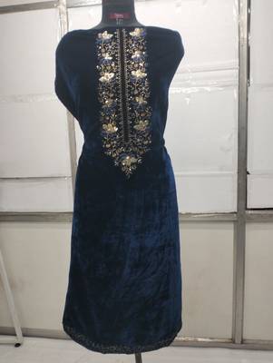 Blue embroidered velvet semi-stitched salwar suit 5