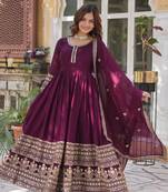 Wine shimmer vichitra sequins embroidered gown with dupatta
