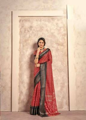 Kimisha red silk blend foil printed saree with unstitched blouse piece 4