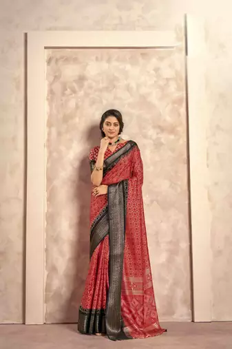 Kimisha red silk blend foil printed saree with unstitched blouse piece