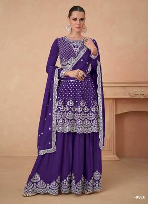 Purple georgette embroidered sharara suits 1