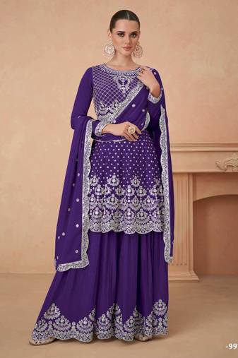 Purple georgette embroidered sharara suits