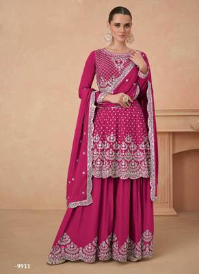 Magenta Georgette Embroidered Designer Sharara Suit 1