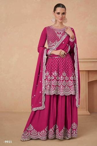 Magenta Georgette Embroidered Designer Sharara Suit