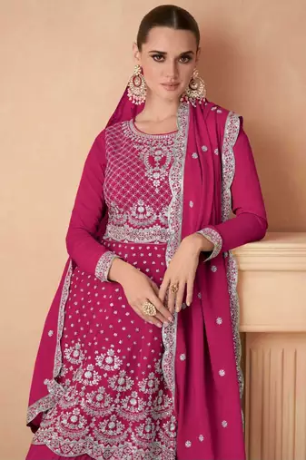 Magenta Georgette Embroidered Designer Sharara Suit