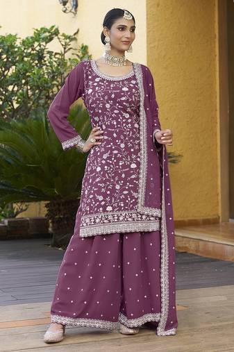 Dust Pink Georgette Embroidered Designer Sharara Suit