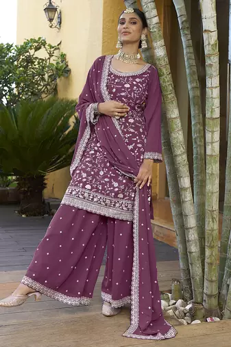 Dust Pink Georgette Embroidered Designer Sharara Suit