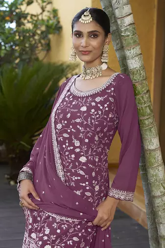 Dust Pink Georgette Embroidered Designer Sharara Suit