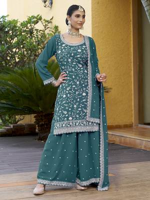 Teal Georgette Embroidered Designer Sharara Suit 1