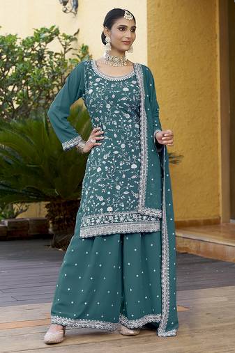 Teal Georgette Embroidered Designer Sharara Suit