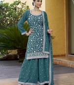 Teal Georgette Embroidered Designer Sharara Suit