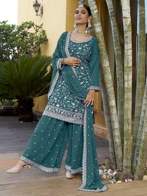 Teal Georgette Embroidered Designer Sharara Suit 2